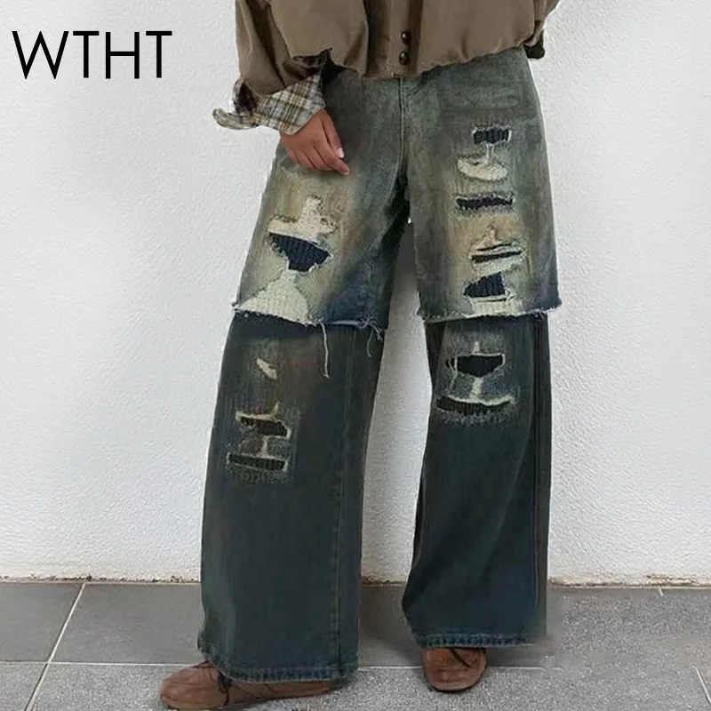 

WTHT новые модные женские лоскутные джинсы из двух частей с отверстиями, прямые джинсы, осень 2021, модные джинсовые брюки с высокой талией, женские 1LS2620
