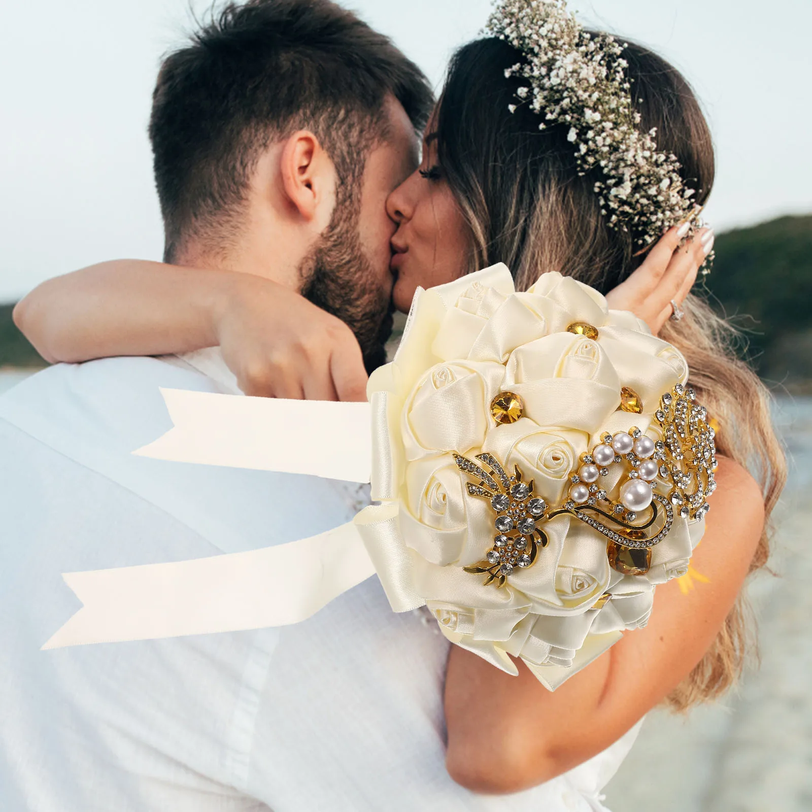 

Bouquet of Pearl Rhinestone Roses Wedding Table Decoration Centerpieces for Tables Flowers Ribbon Bride