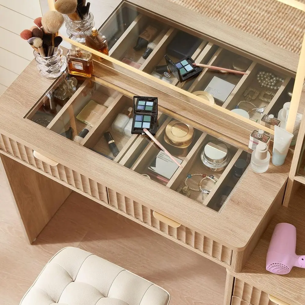 43.5 Illuminated Makeup Vanity Desk with Glass Top, Power Outlet, 6 Drawers & Adjustable Shelves