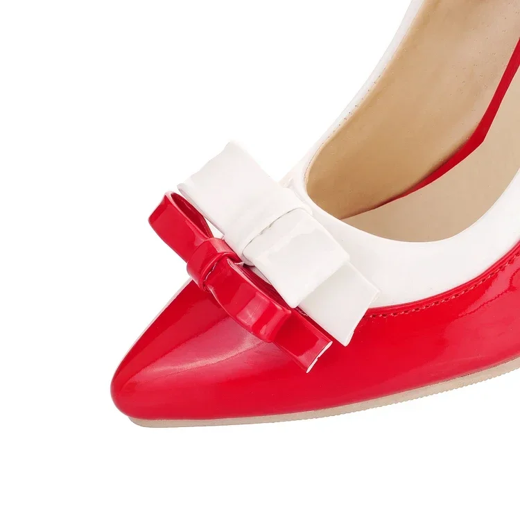 Big Size Sweet Bowtie Women Pumps Black Red Mixed Color Patent Leather High Thin Heels Pointed Toe Party Dress Office Lady Shoes