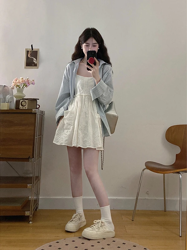 

Slimming Effect Summer New plus Size Women's Set ort Stature Strap Long Sve Striped irt And Skirt Two-Piece Suit