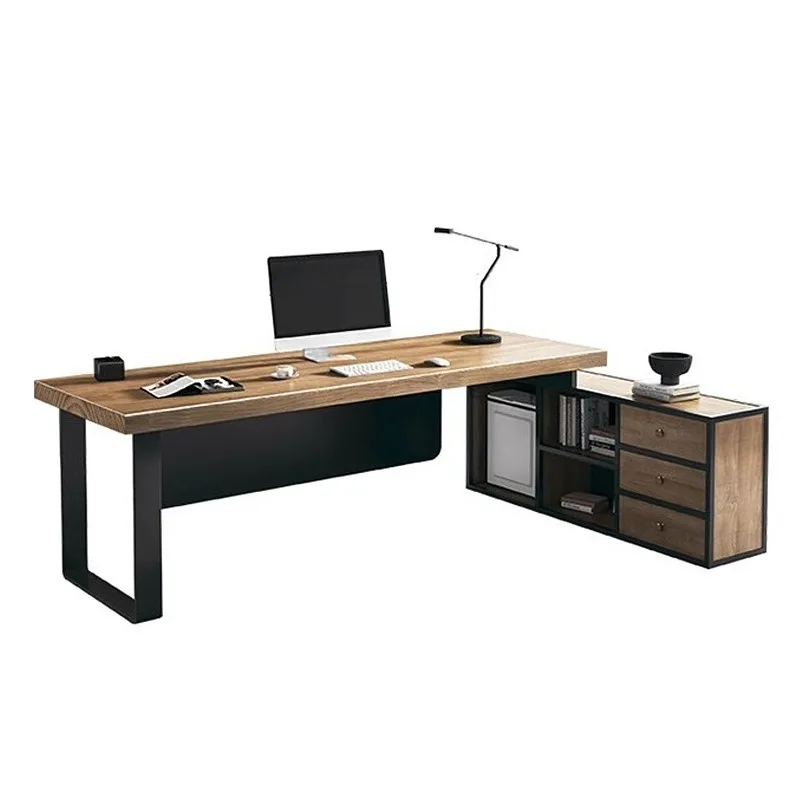 Simple household solid wood computer desk boss table single desk with cabinet workstation president