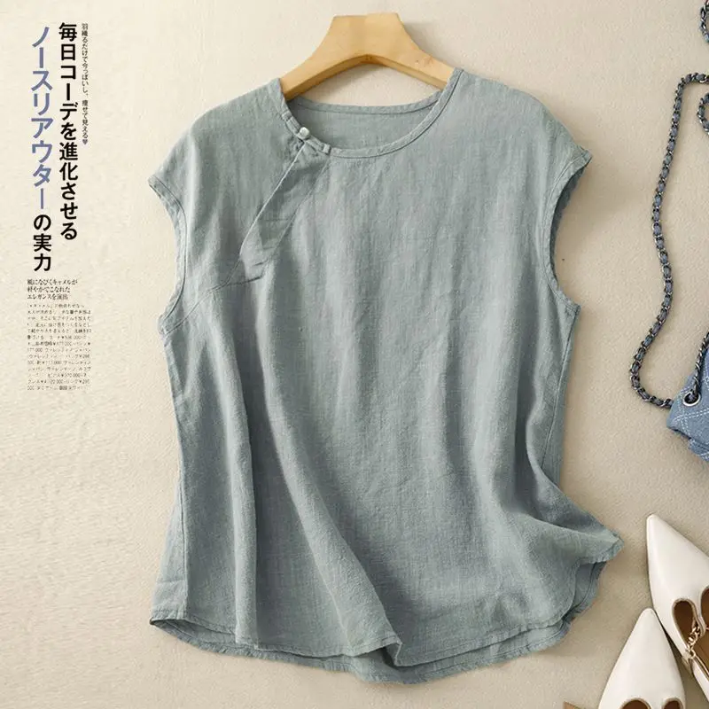 Casual Short Sleeve T-shirts for Woman O-collar Loose Cotton and Linen Vest Vintage Tank Top Basic Solid Top Women Summer New