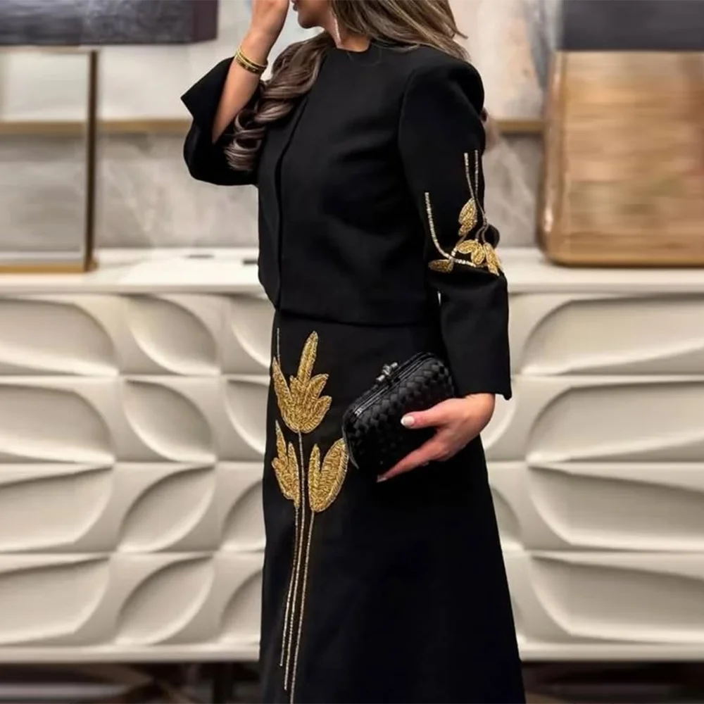 TWOTWINSTYLE Spliced Embroidery Two Piece Set for Women Round Neck Long Sleeves Patchwork Single Breasted Coat Midi Skirt Female