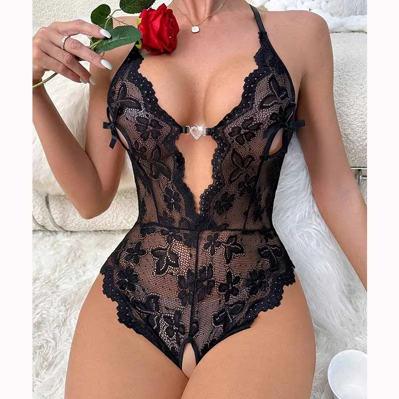 Hot Temptation Crotchless Bodysuit Perspective Hollow Porn Pajamas Erotic Costumes Open Bow Bra Corset Sexy Lingerie For Women