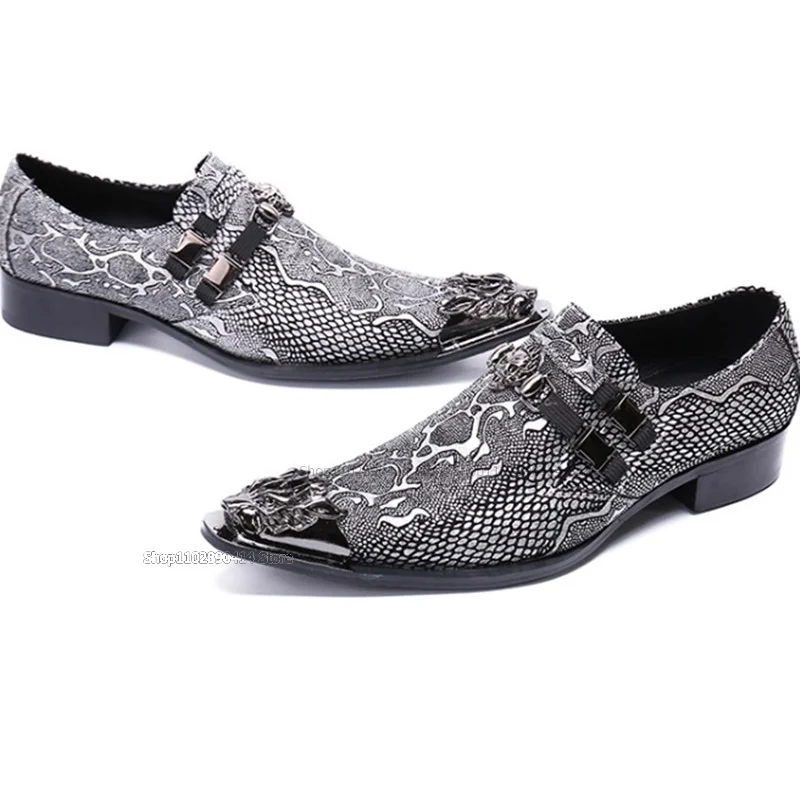 Skull Decor Silver Snakeskin Men Shoes Korean Style Male Shoes Men Handmade Runway Party Wedding Fashionable Deluxe Novel Shoes