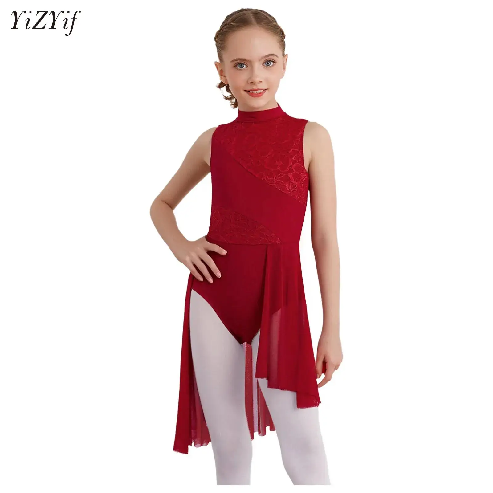 

Girls Contemporary Dance Costume Floral Lace Sleeveless Dress Modern Lyrical Figure Skating Ballet Leotard Dress Stage Clothes