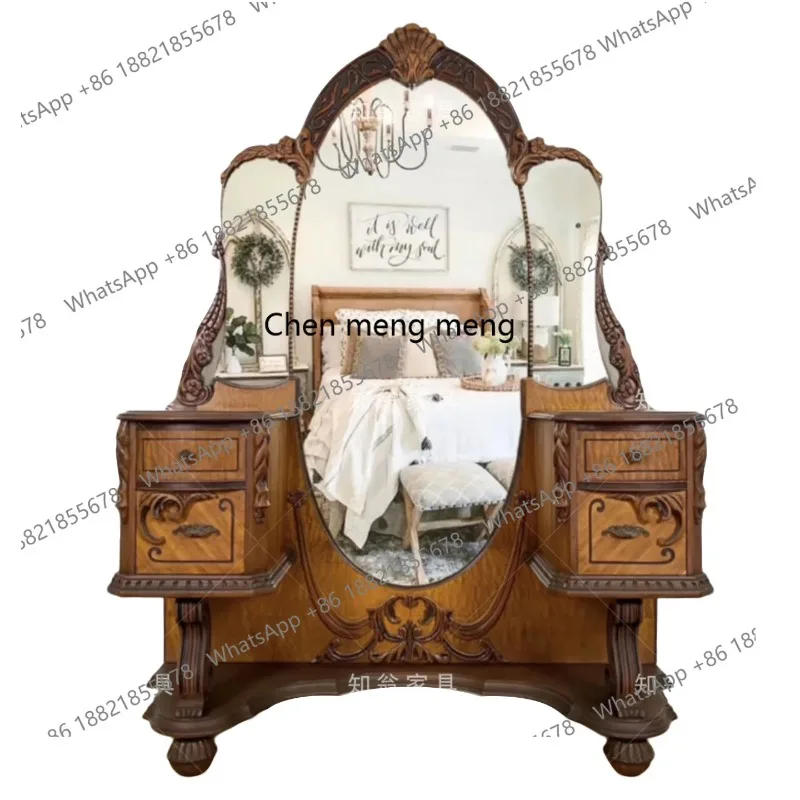 الفرنسية الرجعية الخشب الصلب نحت زهرة خلع الملابس شقة صغيرة غرفة نوم المنزل خلع الملابس مع مرآة ماكياج #4