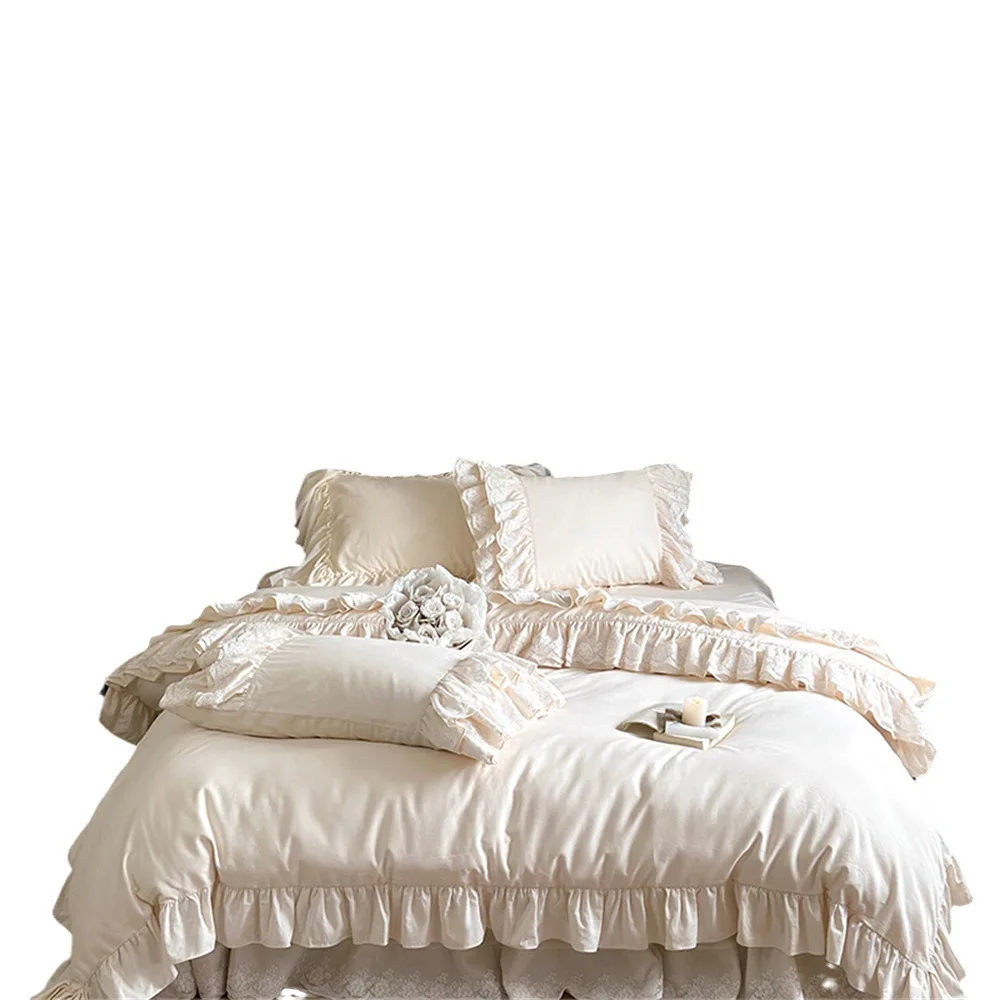 JC القطن الساتان المصقول الفرنسية الأميرة القطن تنورة السرير أربع قطع فتاة القطن الدانتيل غطاء لحاف الفراش