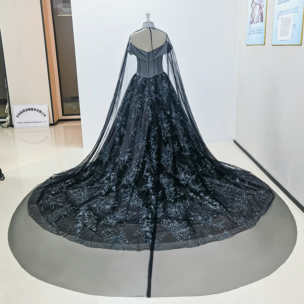 Black Tulle Strapless Evening Dress With Shawl Sleeves New Fashion Female Floor Length Party Prom Gowns