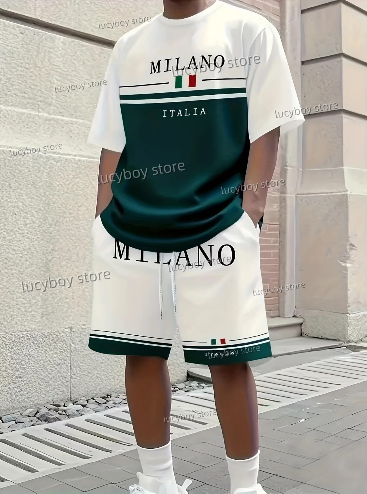 Summer  Men' Color Block letter  Print Set Short Sleeve T-Shirt Shorts Set Adult Sport Jogging Plus Size Tracksuit 2 Piece Set