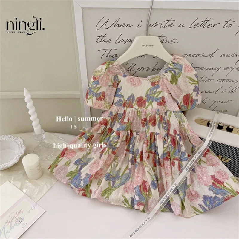 

Original Children's Clothing Summer New Girls' Bubble Sleeve Floral Dress Children Vacation Style Short Sleeve Skirt