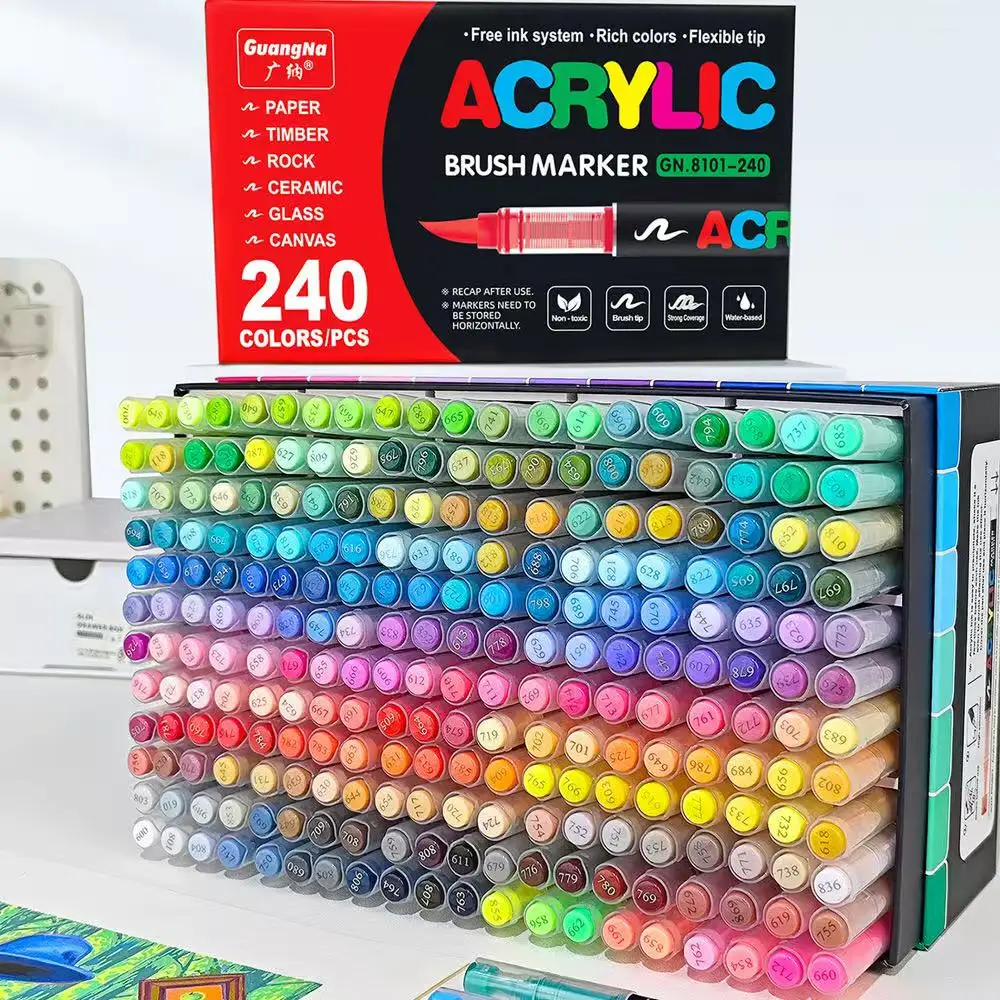 

GuangNa 12-240-360 Colors Acrylic Paint Pen Markers Acrylic Felts Brush Tip Paint Markers For Wood Rock Painting Canvas 8101
