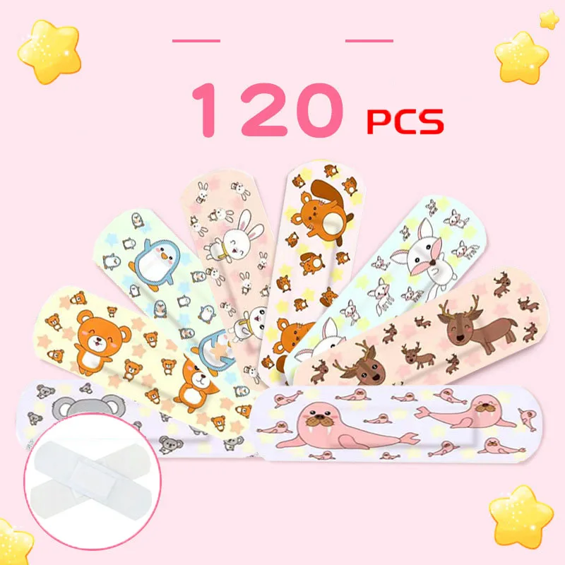 120Pcs Bandages Kids Cartoon Animal Flexible Adhesive Waterproof First Aid for Children Repair Tape Knuckle Sticker for Cuts