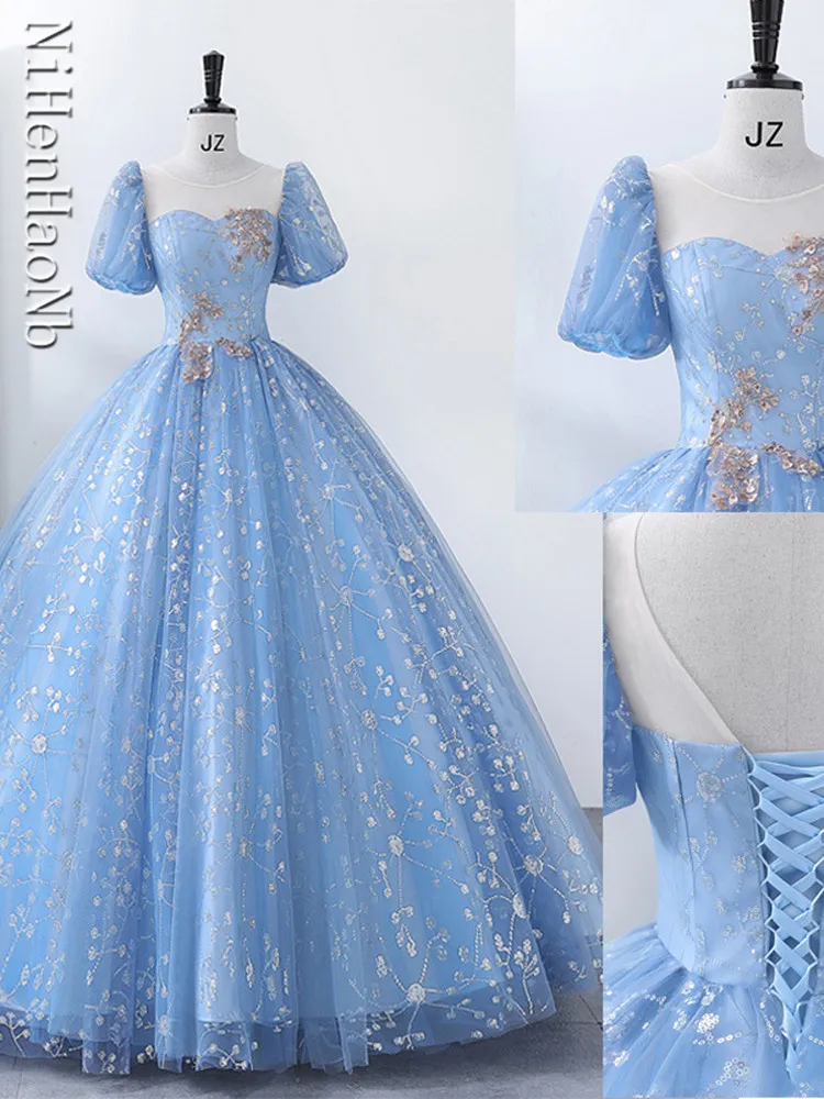 Vestido de baile com gola redonda até o chão, vestido elegante Quinceanera, vestido até o chão, azul, clássico, Debutante, Novo, 2022