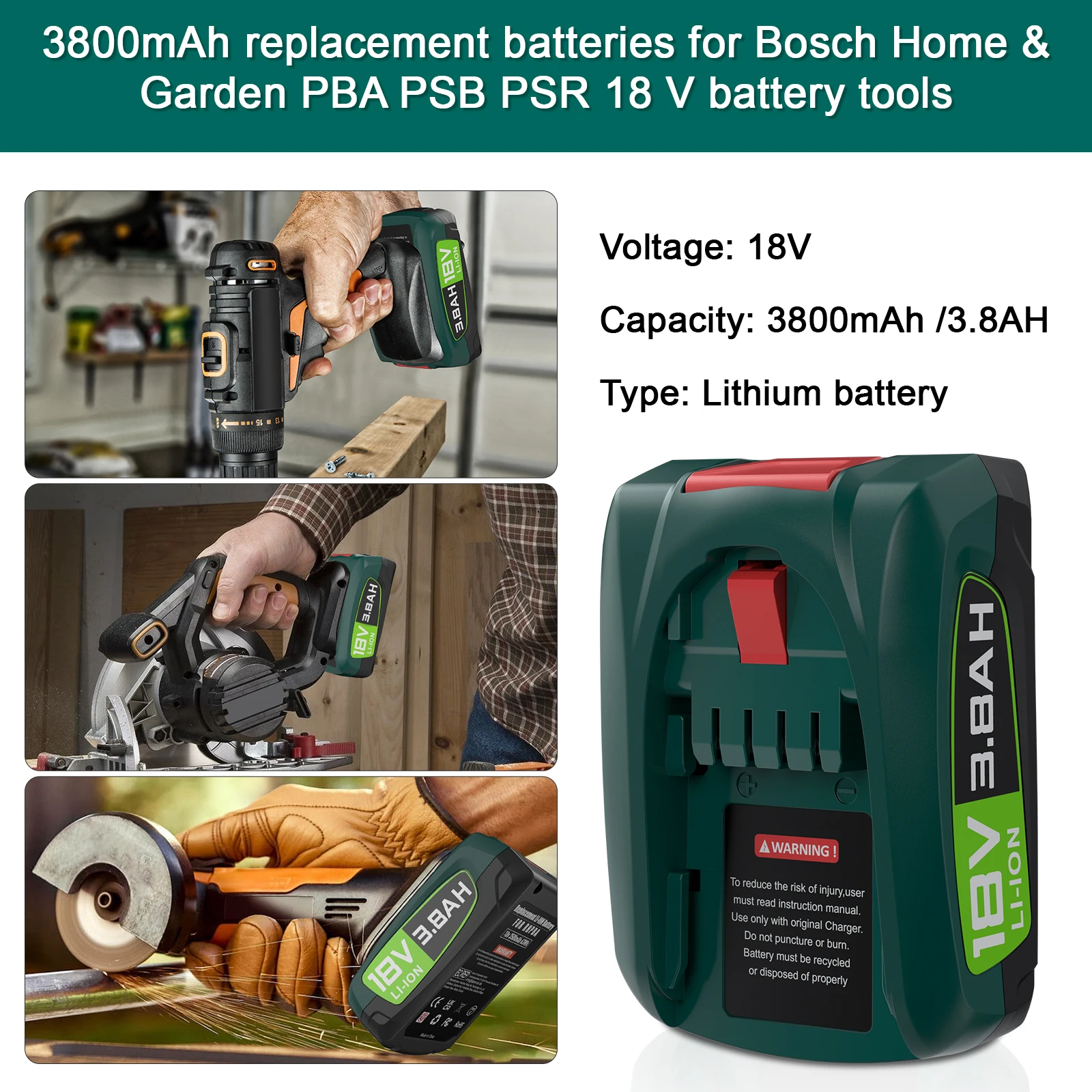 For Bosch 18V 3800mAh Battery PBA Replacement Battery for BOSCH PBA PSB PSR 18V Battery Tools AL18815CV AL1880CV