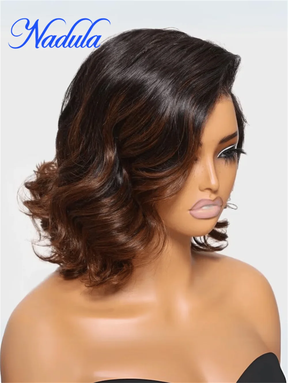 Nadula Hair 13x4 Lace Frontal Glueless Loose Wave Wig Chestnut Brown Ombre Spiral Curls Pre Everything Wig Short Bob Human Hair