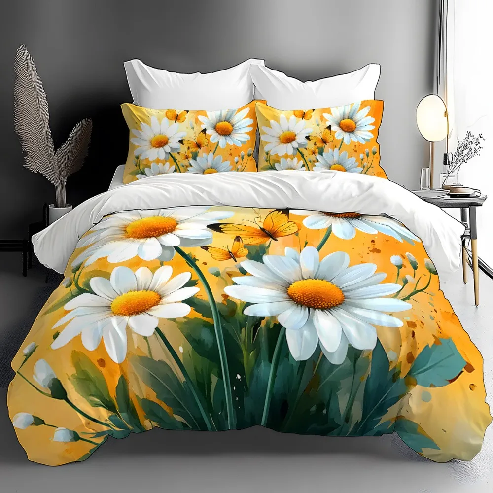 Daisy Butterfly Bedding Set Yellow Watercolor Floral Duvet Cover Set Soft Microfiber Quilt CoverPillowcase Home Textile Bedroom