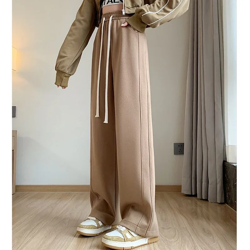 Women High Waisted Leisure Loose Pants Girls Casual Straight Leg Slacks Female Baggy Light Grey Khaki Beige Black Trousers view 4