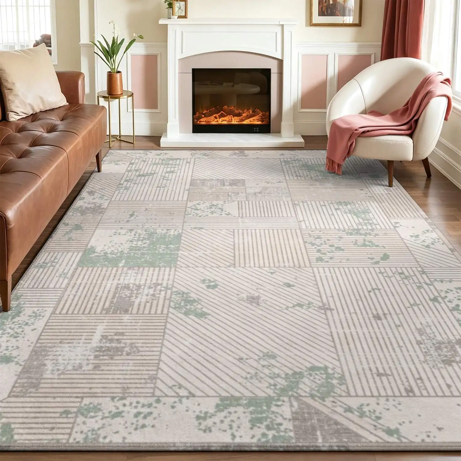 1Pc 2D Printed Carpet: Light Green & White-Grey Geometric Striped, Nordic/Modern Minimalist/Vintage Style, Instagram-Style Floor Mat, Home Decor, Multi-Size, Machine Washable, Suitable for Entrance/Dining Room/Foyer/Bedroom/Living Room