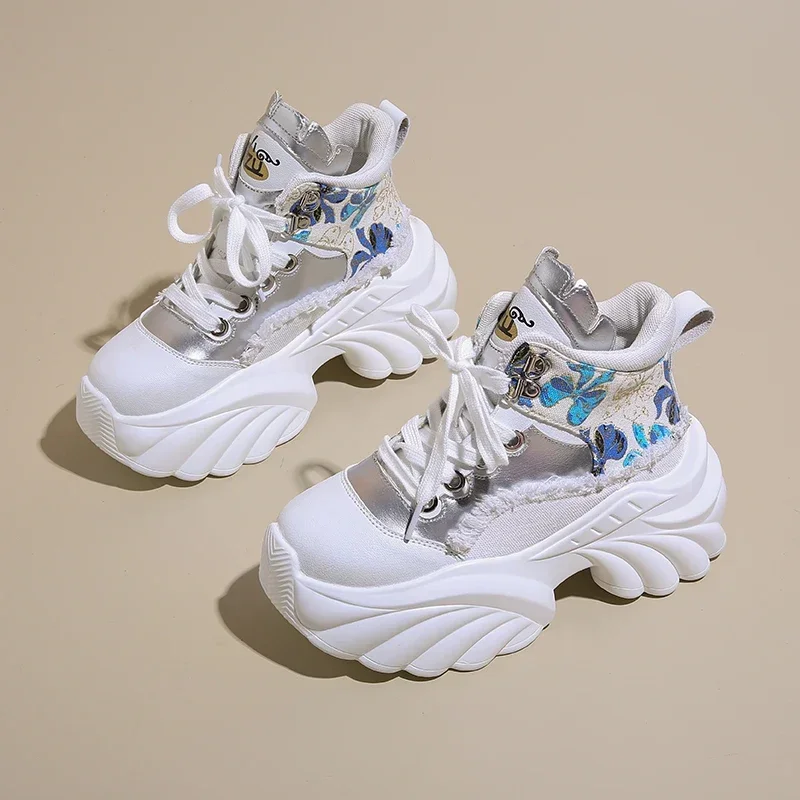 New Women Casual Platform Sneakers 8.5CM High Heels Autumn Sports Leather Shoes Breathable Trainers Chunky Zapatos Mujer