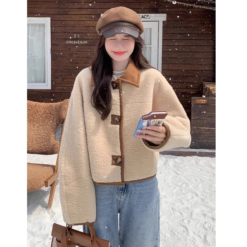 

Double-Sided Wear Leather Fur Integrated Jacket Women Winter Short Thick Warm Lamb Fur Suede Jacket Top Korean Style Commute