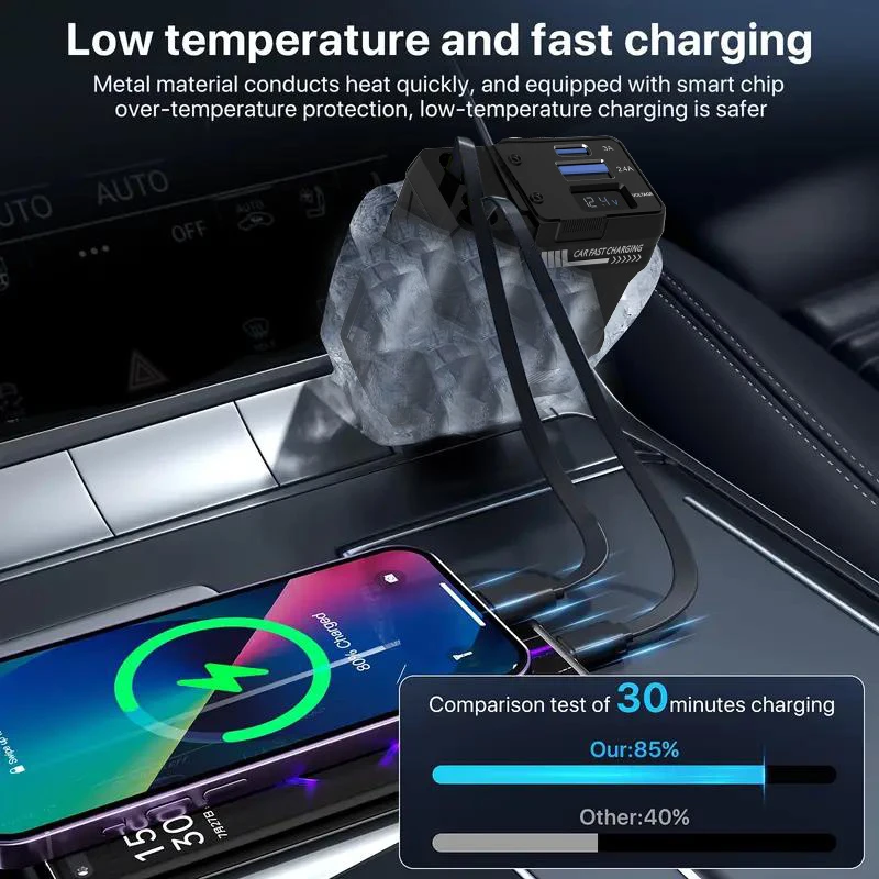 W&O 120W Retractable Fast Charging Car Charger, Type-C Mobile Phone Fast Charger for IOS Android, Overheat Protection