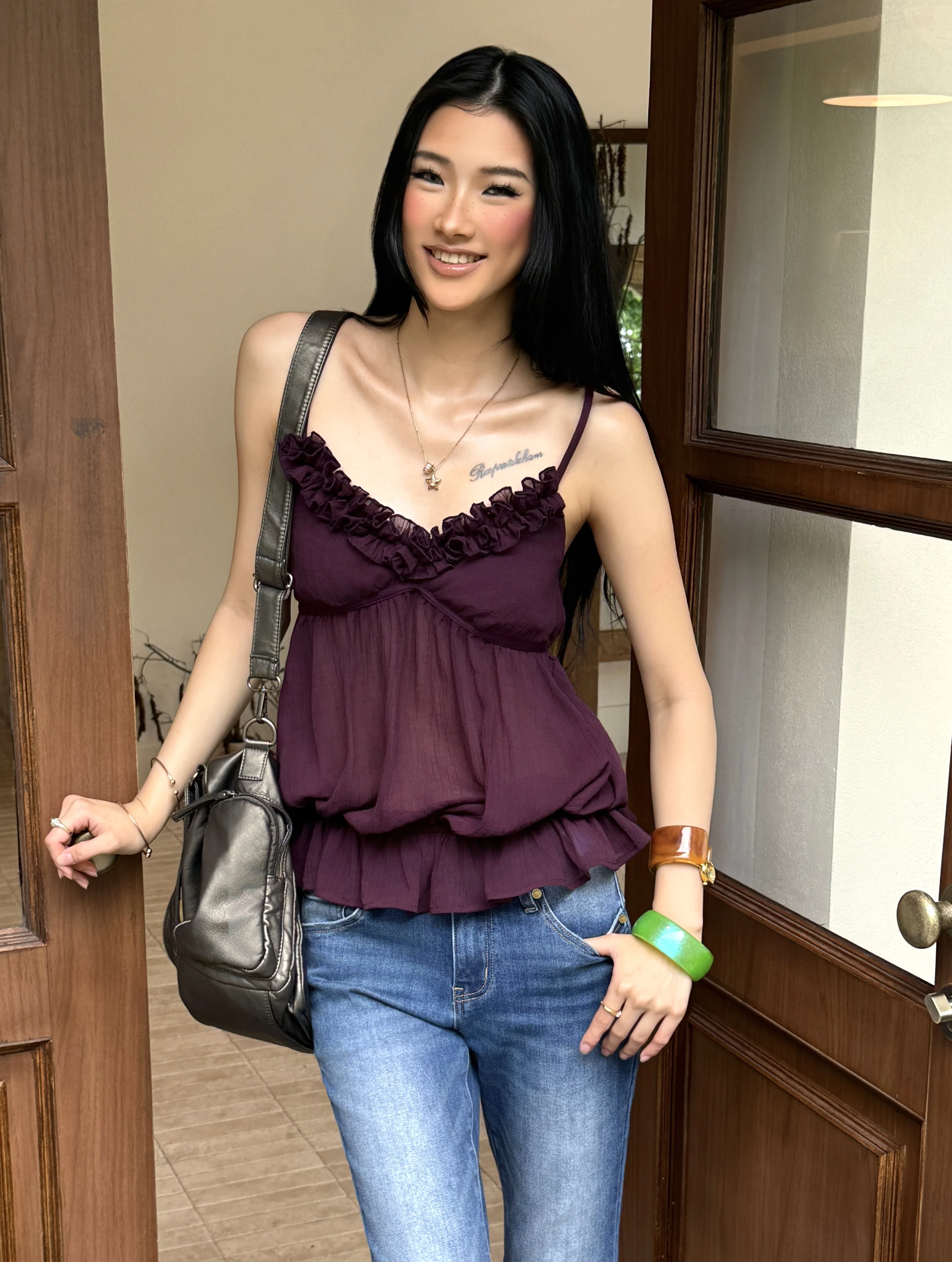 Audwyn Street Style Off-Shoulder Chiffon Blouse with Pleated Texture Waist-Cinching Wooden Button Details Pure Desirable Purple