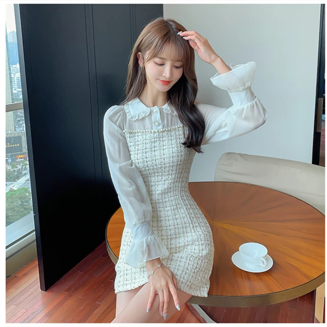 2022 New Chiffon Spring Summer Dress Women Long Sleeve Plaid Mini Ladies  Dresses Korean Fashion Woman Dress Patchwork Vestidos - Dresses - AliExpress