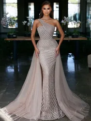 Mermaid Evening Dresses Bateau Sleeveless One Shoulder Sequins Lace Beaded Appliques Detachable Train Prom Dresses Custom Made