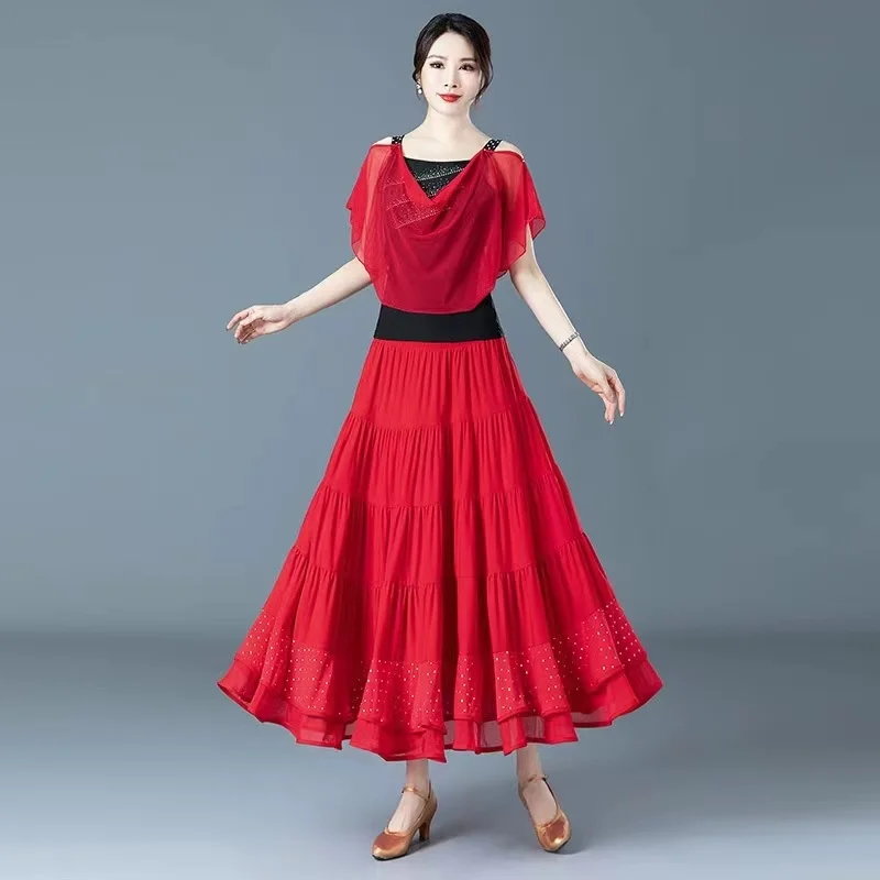 Robe de brevde Valse Moderne pour Adulte, Tenue Trempée, Standard National, Flamenco, Rouge et Noir, Grande Balançoire, Nouvelle Collection