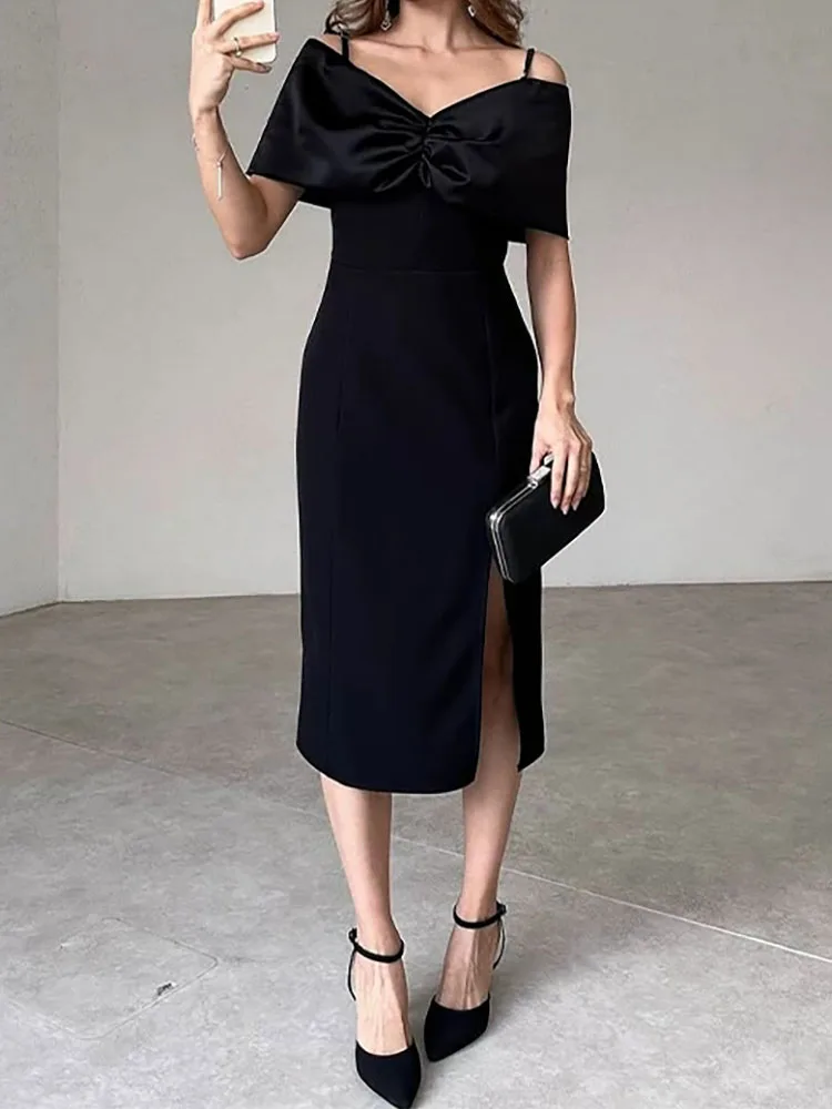 Early Spring New Fashion Women's Solid Color Sleeveless Strap Dress Elegant Classic Side Split Dress