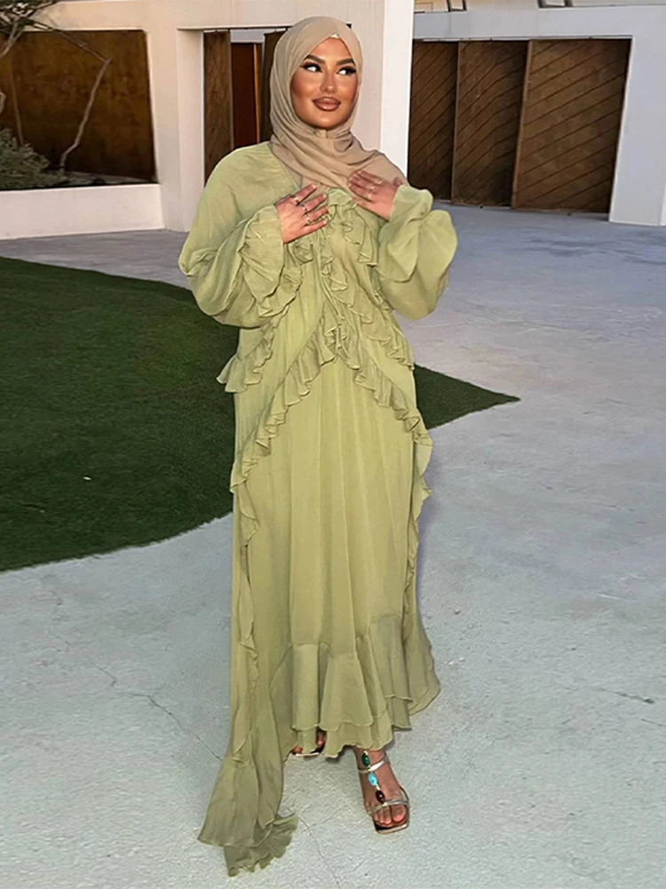 

V-Neck Stacked Flounce Long Dress Woman Solid Color Long Sleeves Loose Robes Casual Elegant Women's Fashion Summer New Dresses