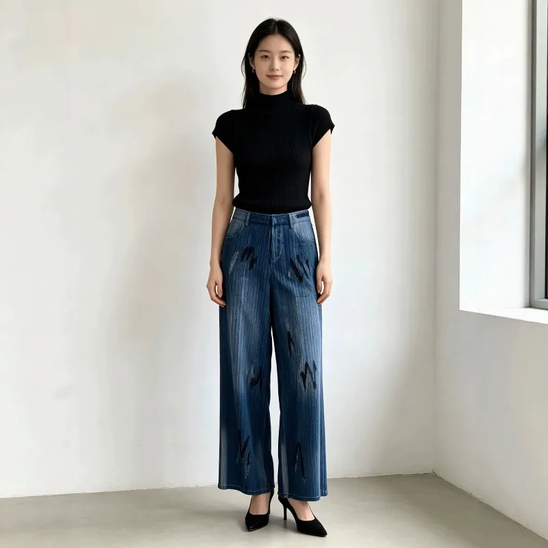 Miyake Pleated Faux Denim Wide-Leg Pants Plisse Women 2026 Summer New Drapey Graffiti Print Straight Pleats Casual Long Pants