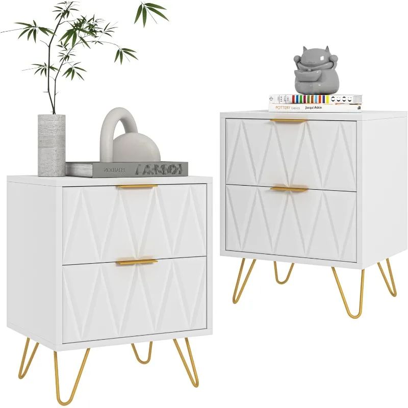 White Night Stands for Bedrooms Set of 2, Modern Bedside Table with 2 Drawers Storage, Wood Nightstand End Side Tables with