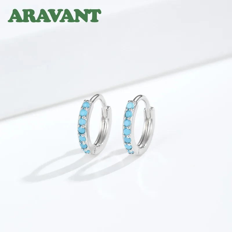 ARAVANT 925 Silver 5/6/7/8/9/10/12mm Turquoise Hoop Earrings For Women Girls Party Jewelry