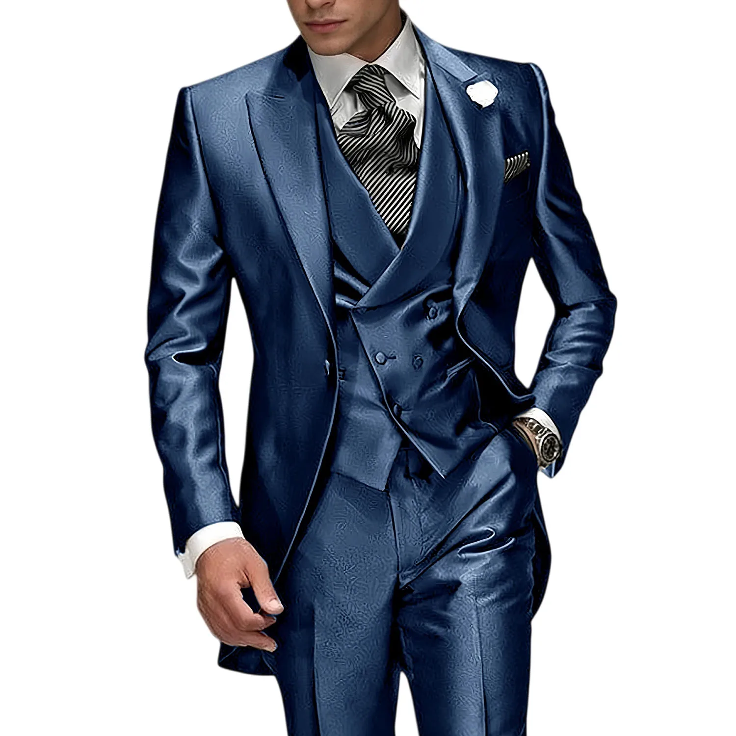 

Navy Blue Men's Suit Peaked Lapel 3 Pieces (Jacket+Pants+Vest) Groom Tuxedos Single Breasted Bussiness Wedding Suit For Men Set