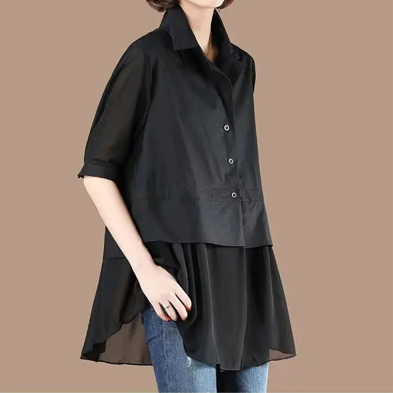 

Summer Fake Two Pieces Female Commute Korean Casual Polo-Neck Blouse Women's Clothing Fashion Solid Color Loose Spliced Shirt