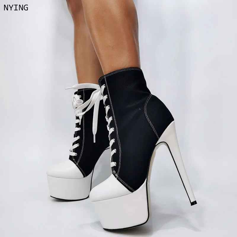 2026 Women Black White Colorblock Platform Heel Ankle Boots Lace Up Stiletto Heels Casual Party Dance Shoes for Ladies 47