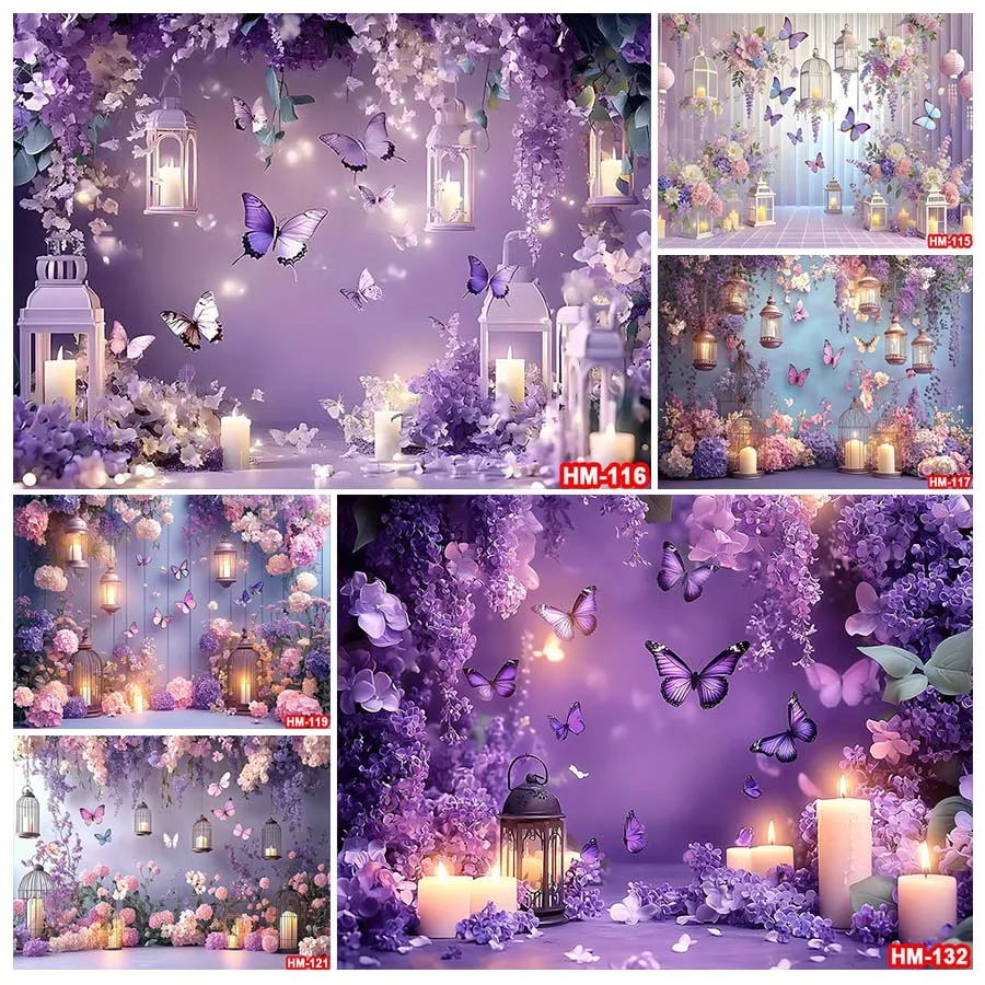 

Spring Floral Purple Butterfly Backdrop Cake Smash Baby Shower Kid Portrait Decor Banner Photography Background for Photo Studio