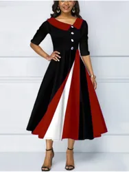 Spring Autumn Women's New Button Decoration Fashion 3D Printing Large Swing Five Step Sleeve Doll Neck Long Dress