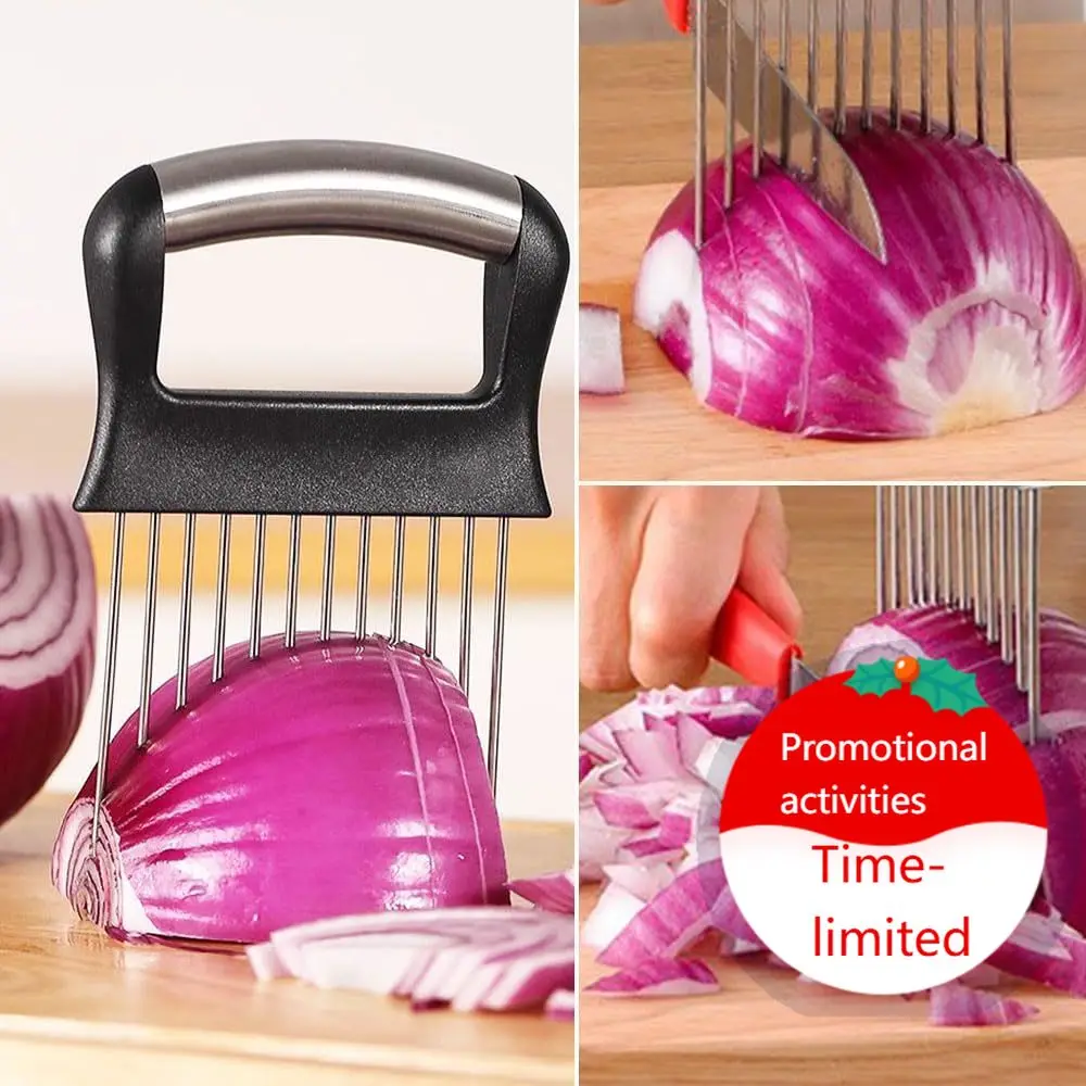 

2025 New Onion Holder for Slicing, Stainless Steel Onion Slice Holder Lemon Slicer Vegetable Cutter, Kitchen Gadgets Chopper Sli