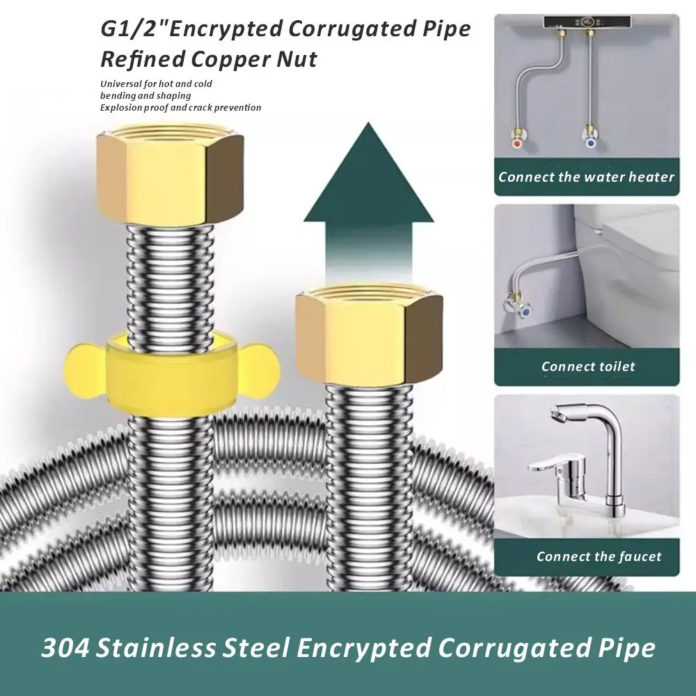 

New 1pcs 20-200cm G1/2 Inch 304 Stainless Steel Cold Hot Water Hose Brass Nut Faucet Connection Tube Corrugated Pipe
