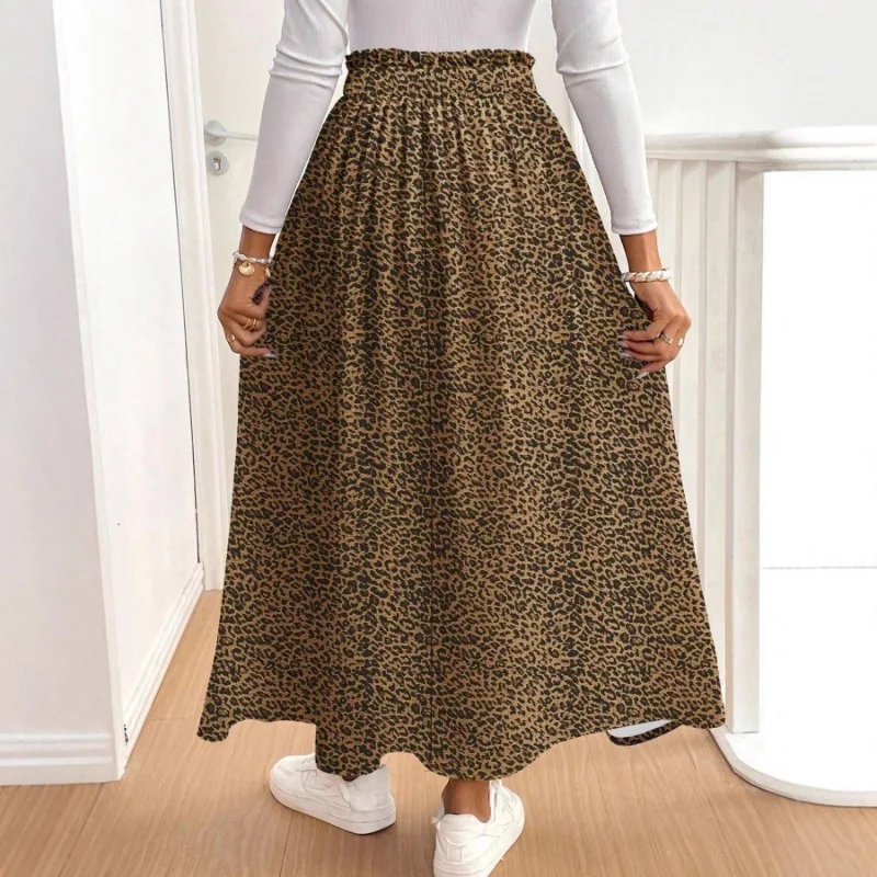 Women's New Leopard Print Floral Skirt Slit A-Line Hip Cover High Waist Long Skirt