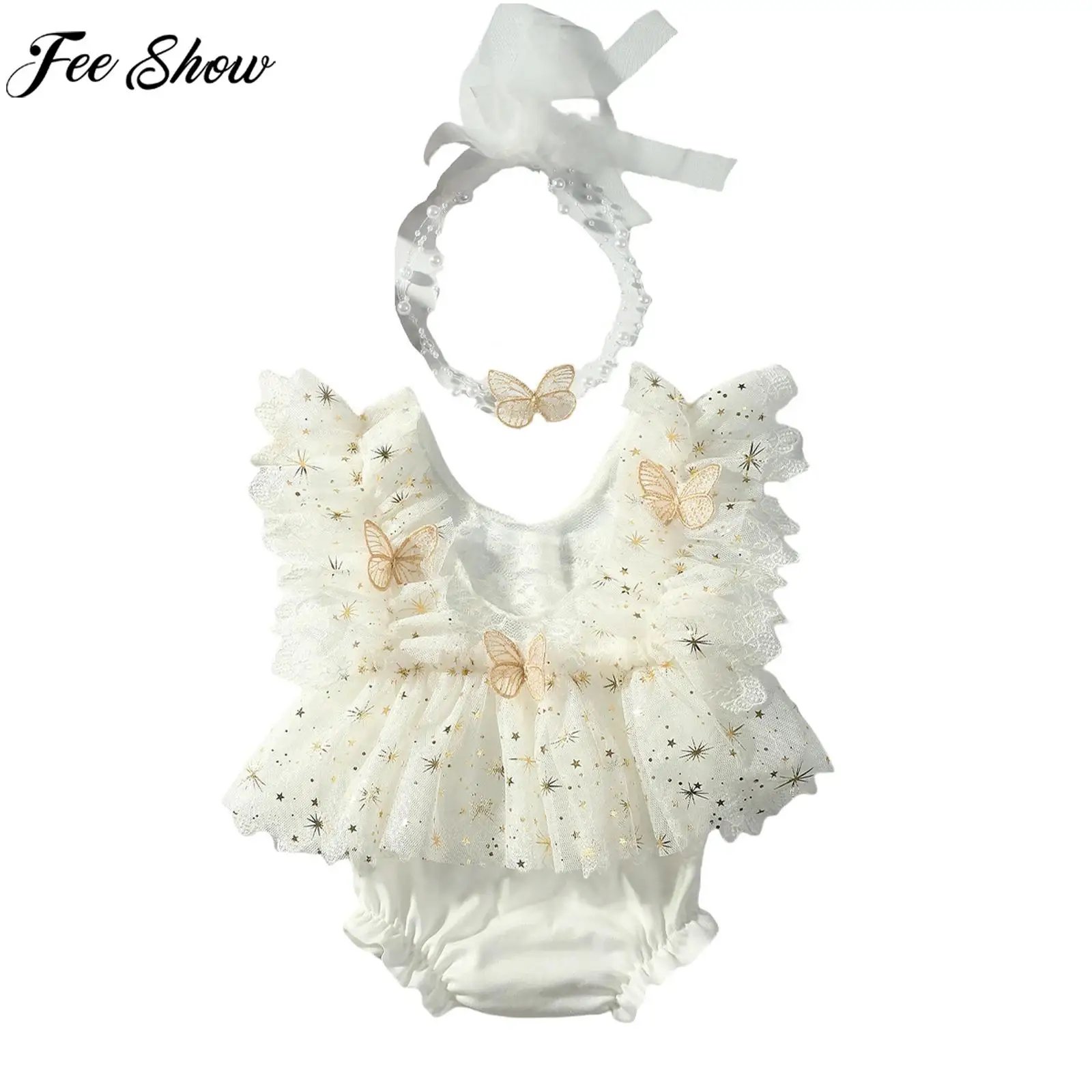 

Newborn Baby Girls Sweet Cute Butterfly Sequin Lace Romper Tutu Princess Dress with Headband Baptism Party Photography Costume
