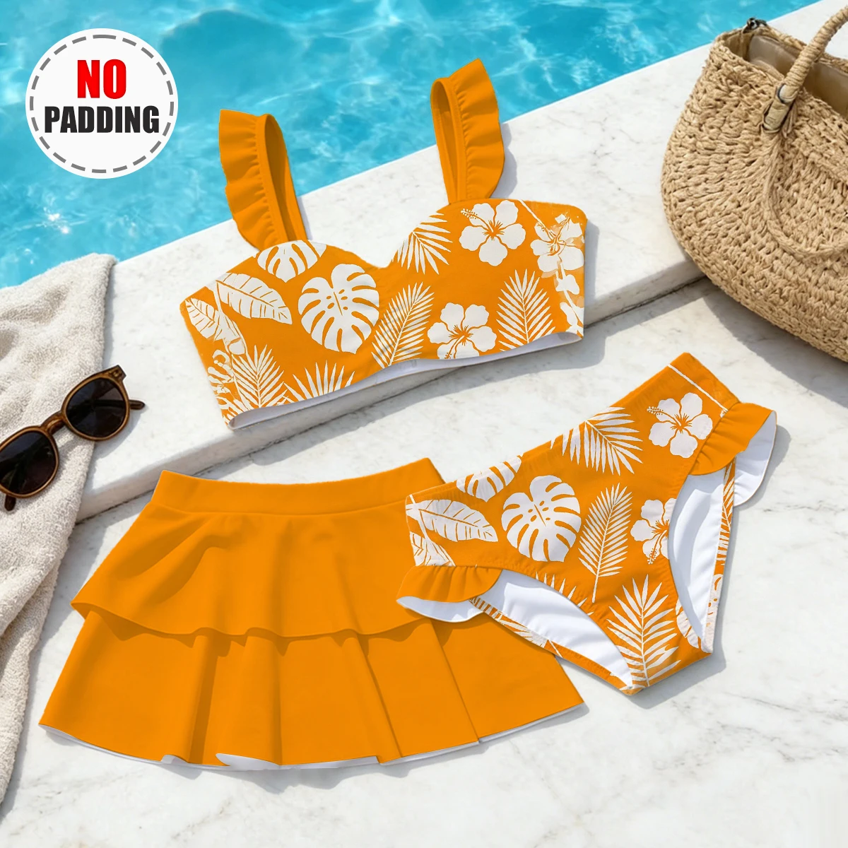 Girls' Summer Style Elegant Fashion Flower Leaf Three Piece Swimming Skirt