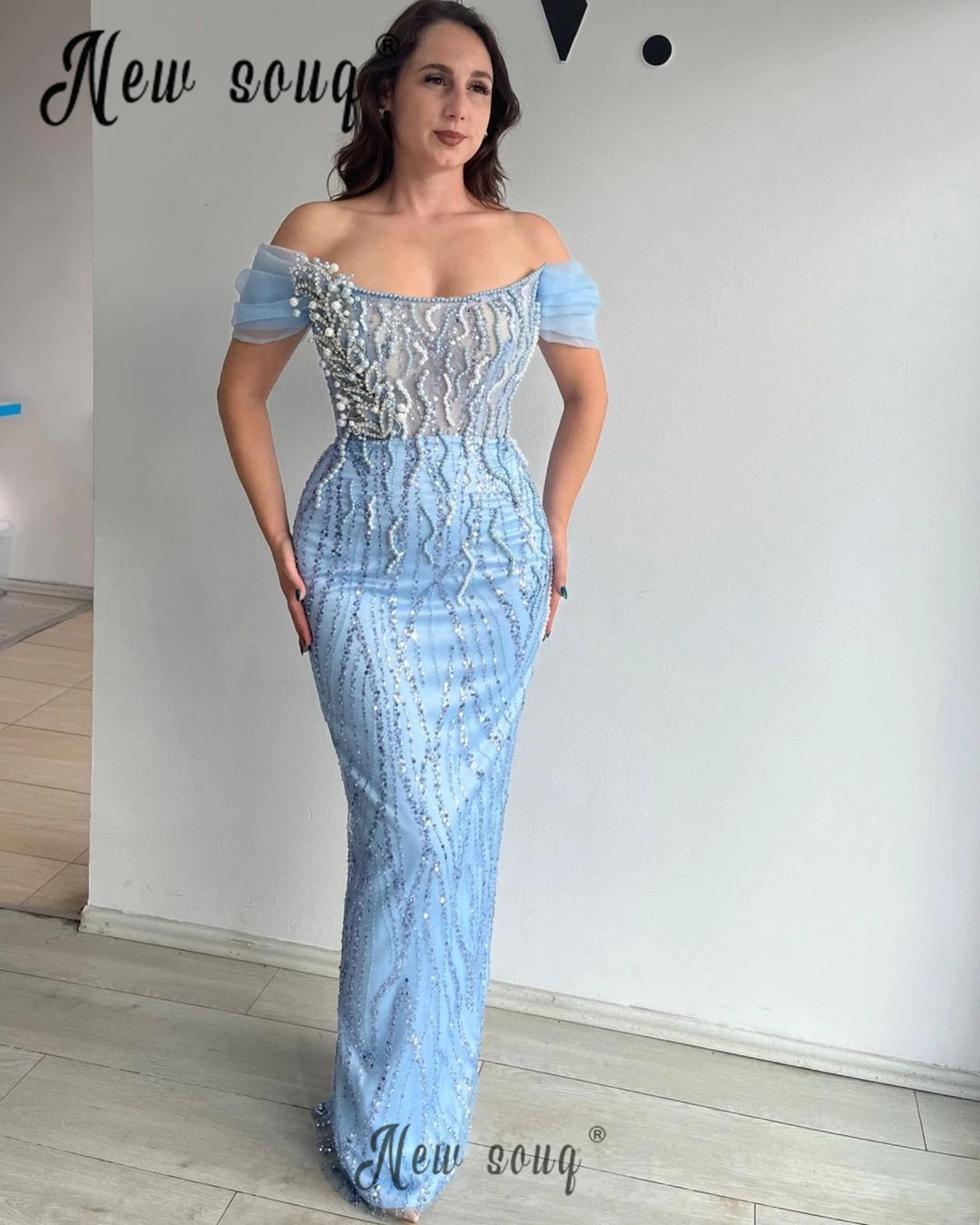 Unique Design Sky Blue Beading Evening Dress Mermaid Off Shoulder Short Sleeve Birthday Dress Arabic Bride Wedding Party Gowns