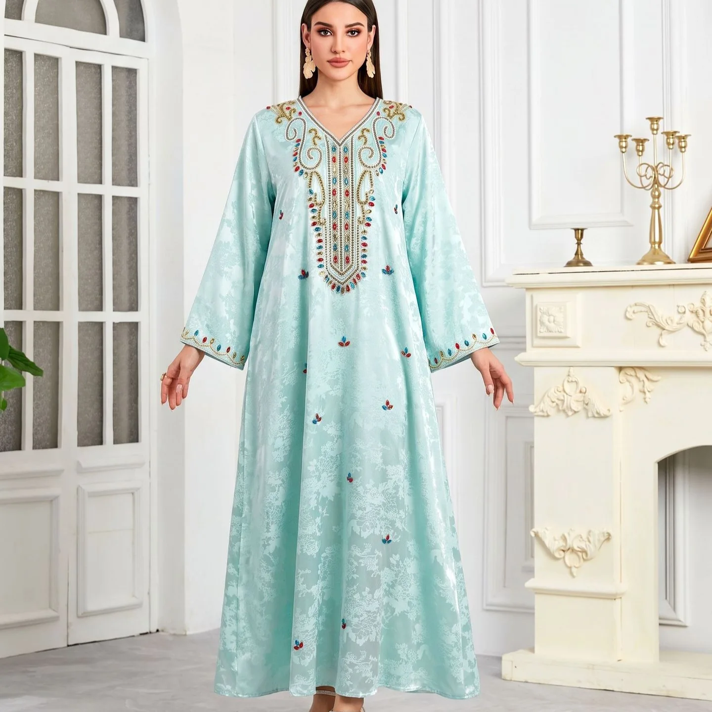 

26701-3 Autumn And Winter New Beaded Handmade Dress, Loose And Fashionable Women's Clothing Summer Long Dress Clothing Robe Lace
