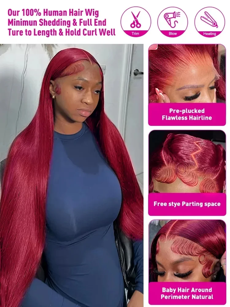 99jストレート人毛ウィッグ バーガンディ 13x6 HDレースフロント人毛ウィッグ レースフロントウィッグ 生え際処理済みブラジル人毛ウィッグ オリジナル