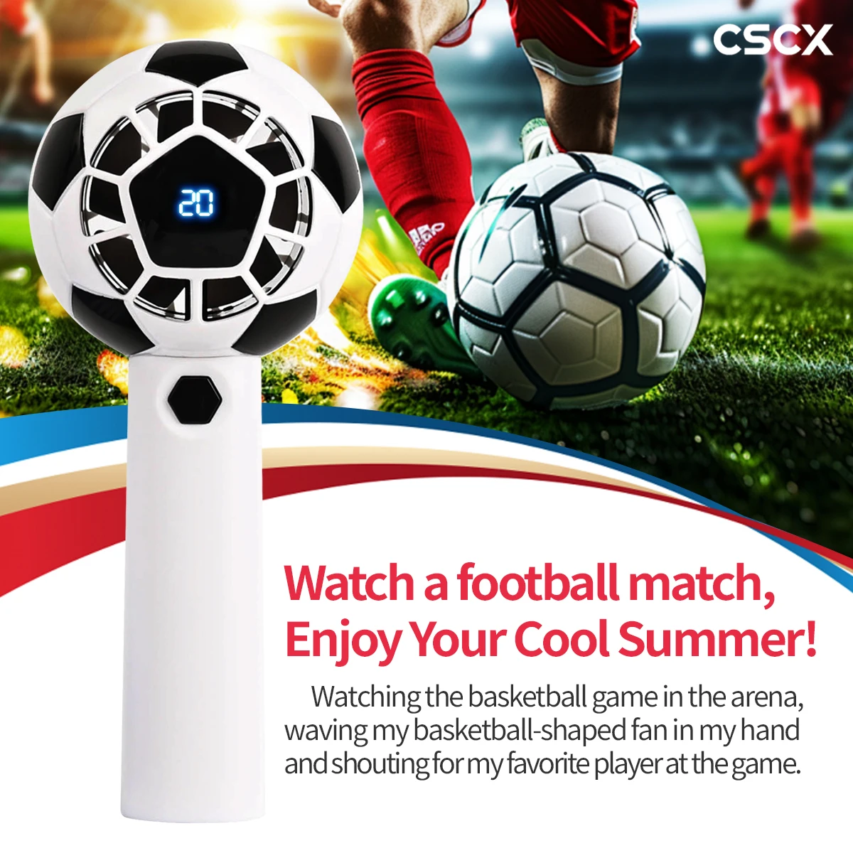 

Digital Display Soccer Design Handheld Fan 5 Speed Adjustable USB Rechargeable High Speed Portable Cooling For Outdoor Sports